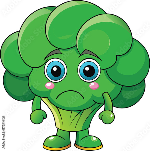 Disappointed broccoli with sad eyes and slumped shoulders, kawaii cartoon food vector