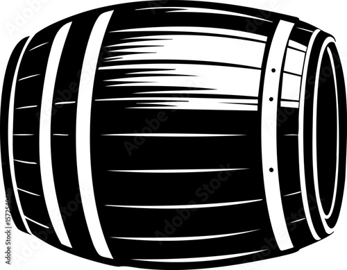 Wooden barrel container with metal bands for storage or aging liquid, rustic and vintage style object