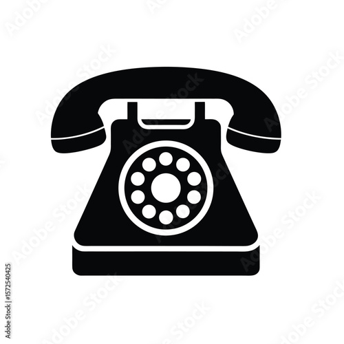 Black silhouette of a vintage rotary dial telephone isolated on white background