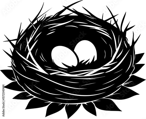 Bird nest with two eggs resting inside surrounded by twigs and leaves, symbolizing nature and new life