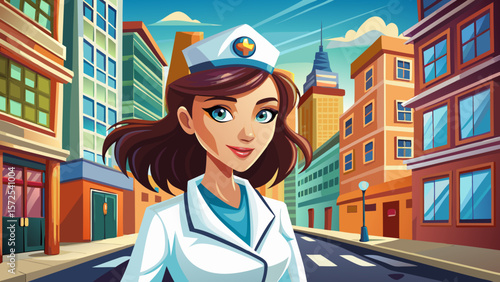 Beautiful young nurse or doctor strolling in the city