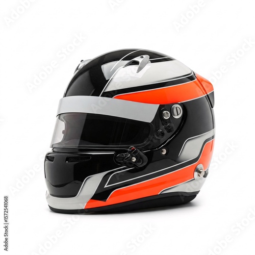 Black racing helmet with orange and silver stripes, clear visor, isolated on white background.