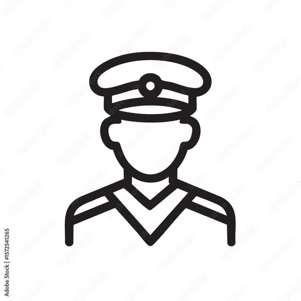 A simple black outline of a person in a uniform and cap. A simple black outline of a person in a uniform and cap.