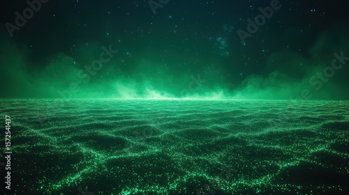 Glowing Green Nebula Landscape, Night Sky