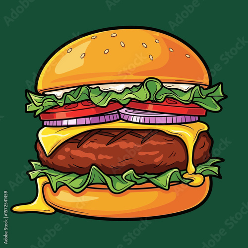 Cartoon illustration of a delicious-looking burger with lettuce, tomato, cheese, and onion on a green background.