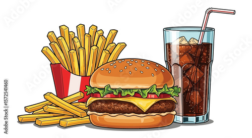 A cartoon illustration of a hamburger, french fries, and soda.