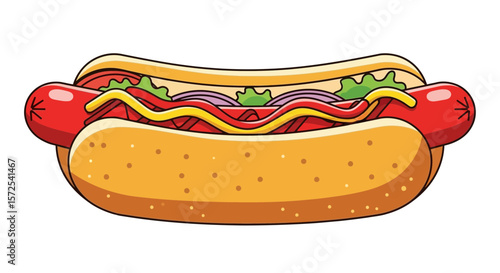 Cartoon illustration of a hot dog with toppings like mustard, lettuce, and onions in a bun.