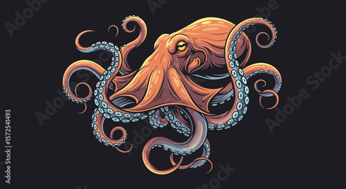 Illustration of an orange octopus with swirling tentacles against a dark background.