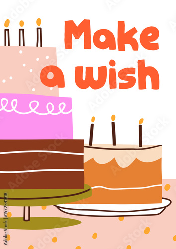 Birthday card design with festive dessert, cake and candles. Sweet confection...