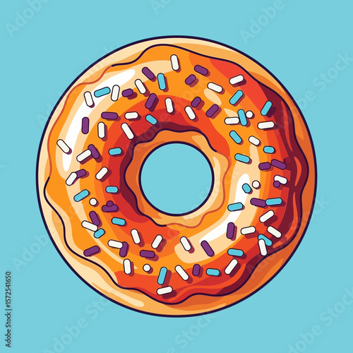 A brightly colored, cartoonish illustration of a glazed donut with sprinkles.