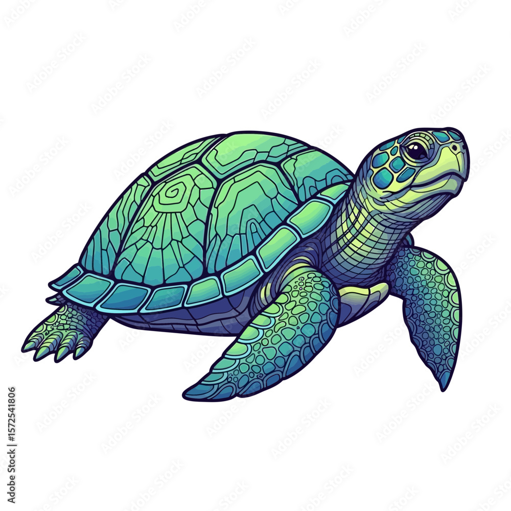 Fototapeta premium Illustration of a green sea turtle with detailed shell patterns, swimming upwards.