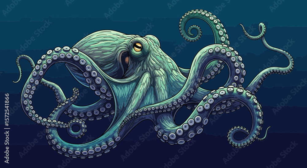 Obraz premium A powerful, detailed illustration of a large green octopus with its tentacles spread, showcasing intricate texture and color.