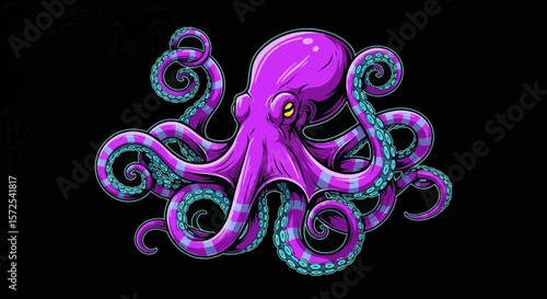 A vibrant illustration of a purple octopus with intricate details, isolated on black.