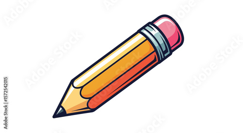 A cartoon depiction of a standard yellow and orange pencil with an attached eraser.