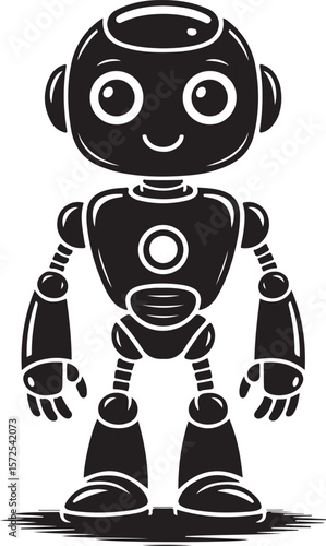 Black and white cartoon robot illustration with round head, large eyes, and jointed limbs standing on a textured base