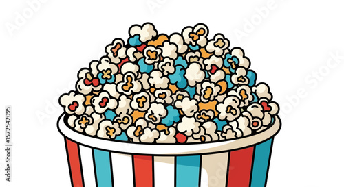 Colorful popcorn in a striped paper container, ready to be enjoyed.