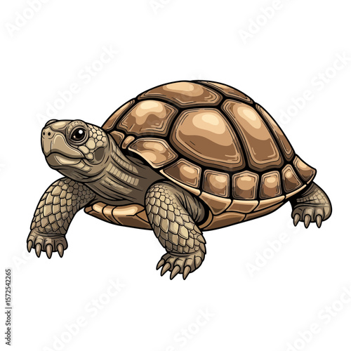 A detailed illustration of a tortoise walking, with a detailed shell.