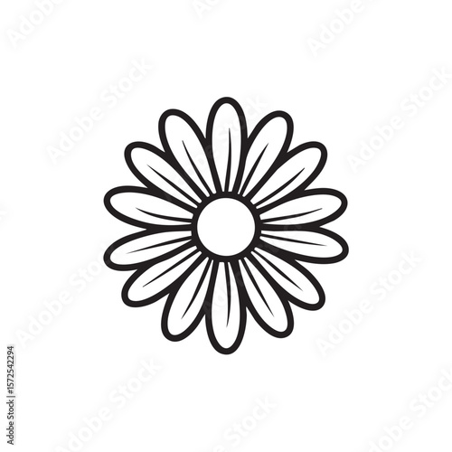 A black and white line drawing of a simple daisy flower.