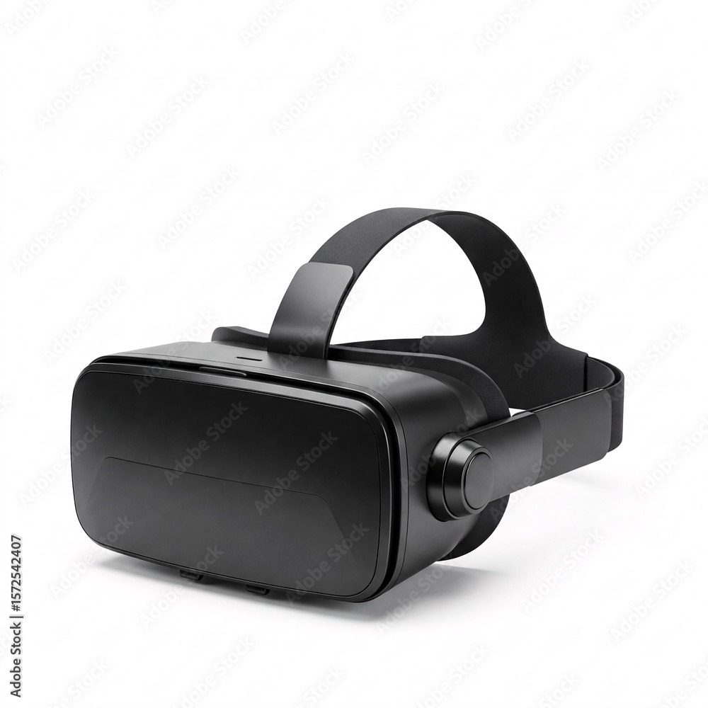 Black virtual reality headset with headphones, isolated on white background. Black virtual reality headset with headphones, isolated on white background.