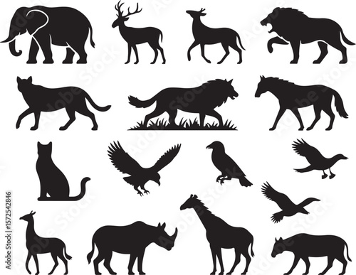 Black animal silhouettes elephant deer lion wolf cat eagle raven giraffe rhino and other wildlife on white background