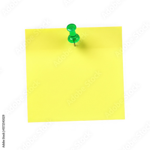 Yellow sticky note with green pushpin isolated on transparent background