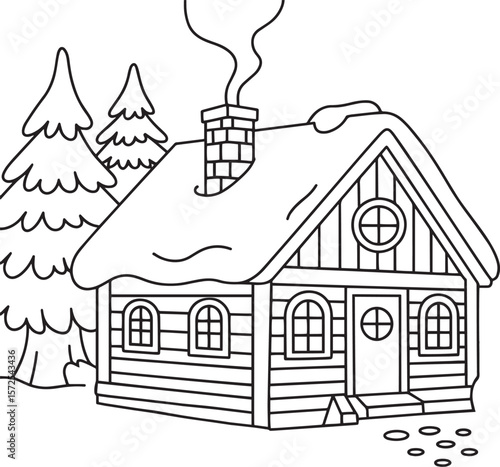 Cozy Winter Cabin in Snowy Forest Hand Drawn Vector Illustration for Coloring Pages, Winter Cabin, Snowy House, Cozy Cottage, Forest Hut, Cabin Outline