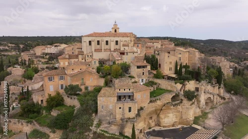 Aerial view of hilltop Gordes and its historic chateau in southern France