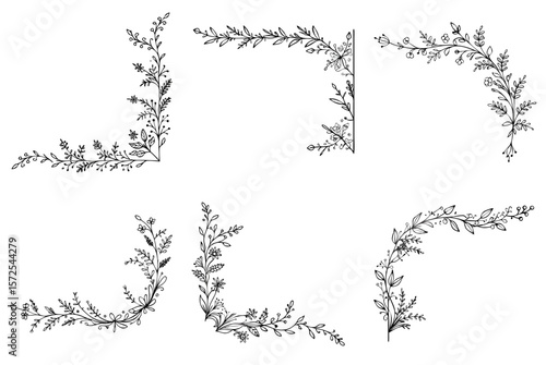 A set of six floral chapter header or page corner elements in a soft minimalist style with refined black lines 
