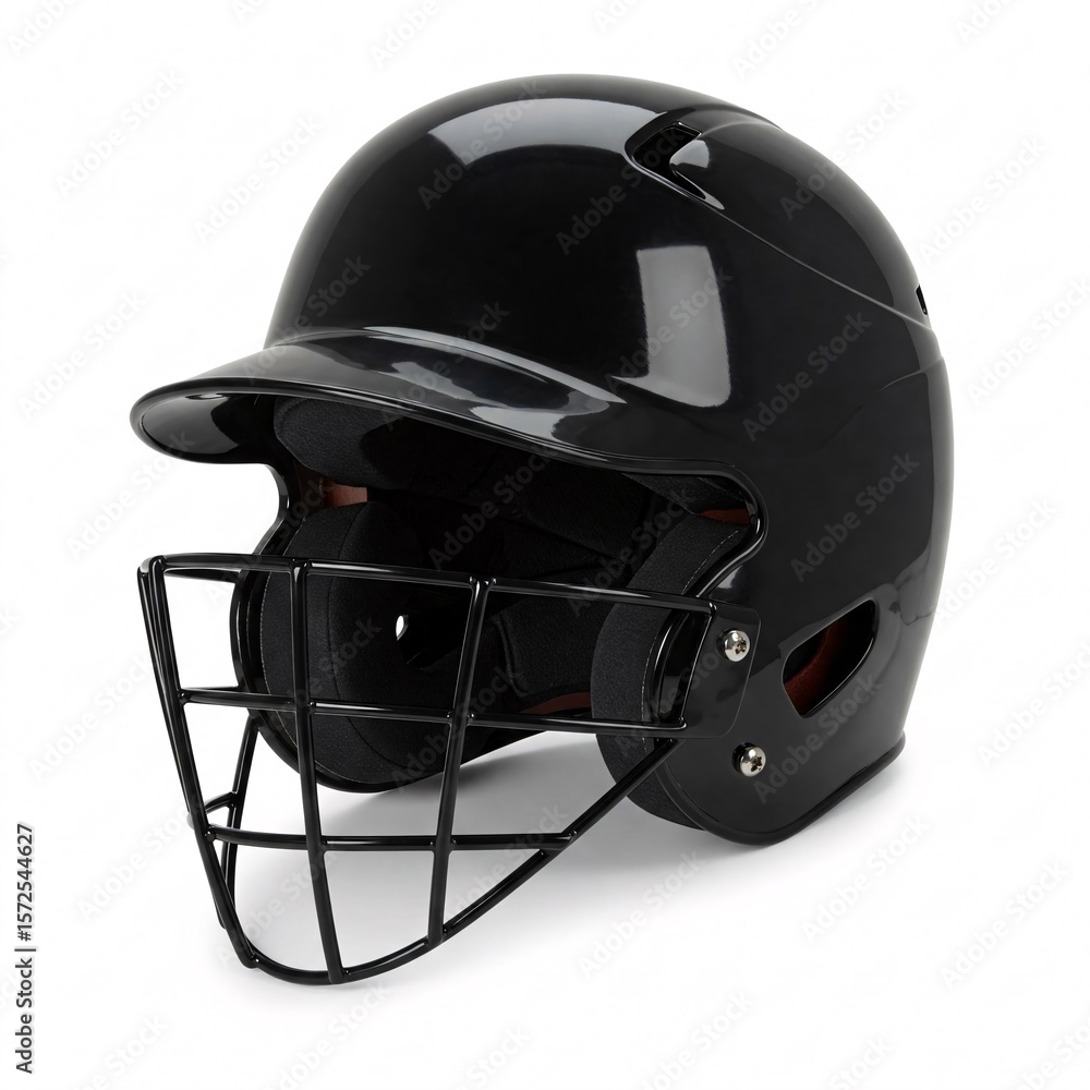 Fototapeta premium Black baseball helmet with face mask, isolated on white background.
