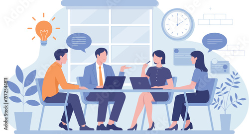 Illustration of four professionals collaborating around a table with laptops and speech bubbles


