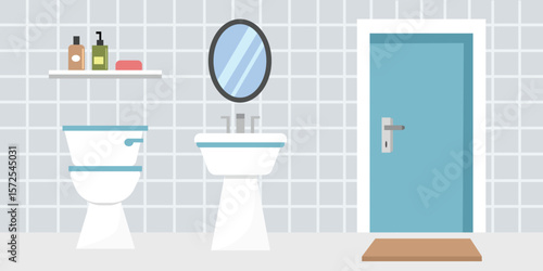 Hotel bathroom. Minimalist bathroom interior. Bathroom door. Toilet interior. Washbasin.