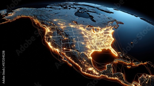 Illuminated North America Map with Nighttime City Lights and Data Lines