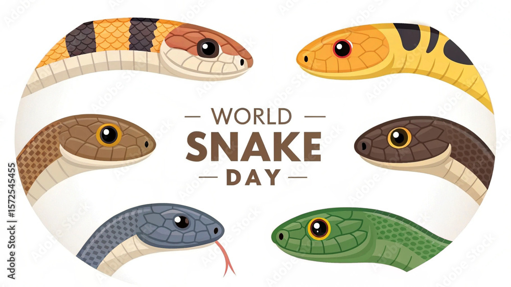 Fototapeta premium Photo of world snake day illustration with cartoon snake heads