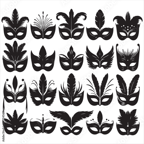 Elegant Collection of Black and White Venetian Masks  Silhouette Illustrations