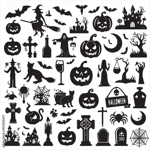 Spooky Halloween Icons Black and White Silhouette Collection