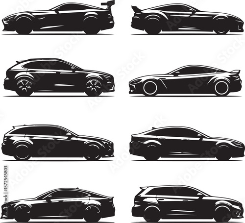 Collection of Eight Silhouette Car Illustrations Sports Cars, Sedans, and Wagons
