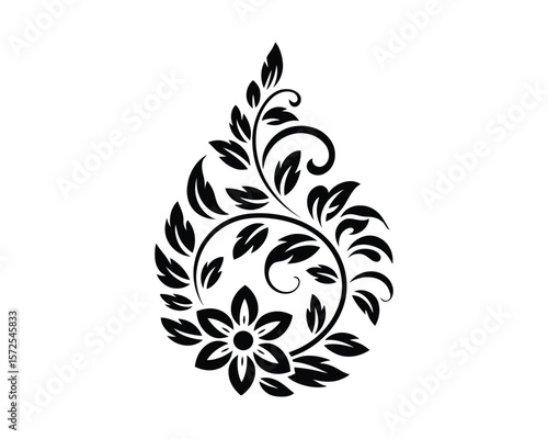 Decorative Spiral Flower Design – Symmetrical Vine Art in Bold Stencil Style