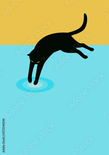 夏のプールに飛び込む猫