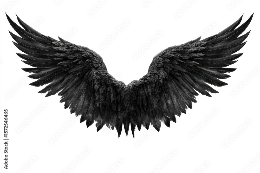 Obraz premium A pair of spread black wings with detailed feathers on a white background