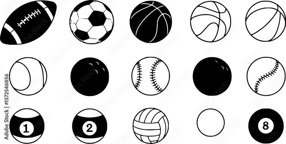 Fototapeta premium a variety of black and white balls, football, soccer ball, basketball, tennis, bowling, baseball, volleyball, billiards