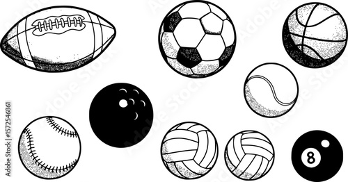 a variety of black and white balls, football, soccer ball, basketball, tennis, bowling, baseball, volleyball, billiards
