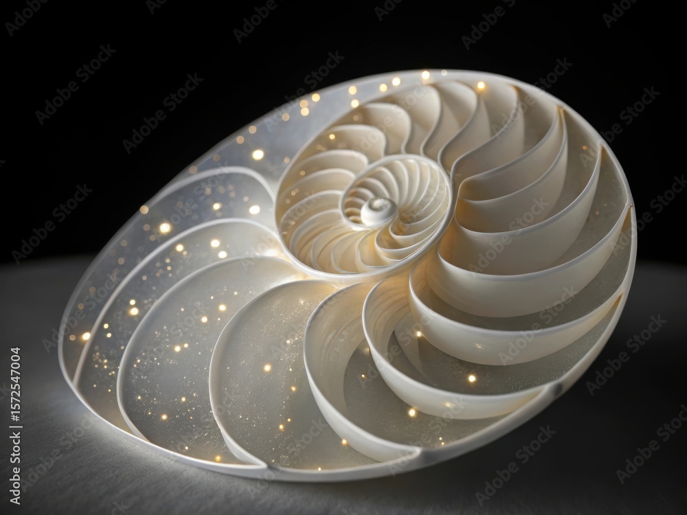 Obraz premium A detailed view of a nautilus shell s chambers illuminated by soft sparkling lights against a dark background