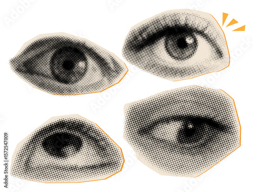 Halftone collage elements with human eyes with different emotions,cut out elements for collage design