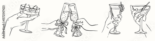 Hand drawn outline cheers. Hands hold glasses of white sparkling wine, champagne or cocktail. Line drawing of people celebrating. Vector illustration for greeting card, postcard, invitation, menu.