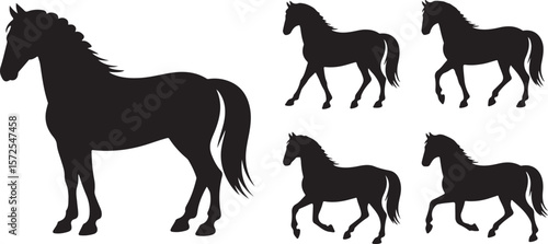 Black Horse Silhouettes on White Background Various Poses Standing Walking Running Equine Animals