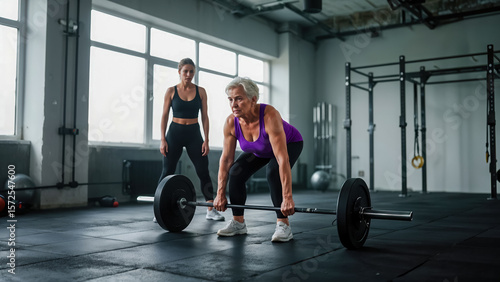 Training with free weights, an elderly woman doing exercises with barbell under supervision of personal trainer in modern fitness center, concept of training in old age and maintaining muscle tone