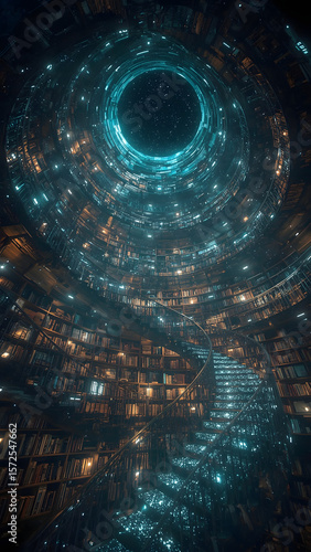 Abstract Galactic Library 8K, Cosmic Bookshelf Vortex 8K, Sci-Fi Knowledge Portal 8K