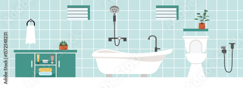 Apartment bathroom. Bathroom decoration. Toilet furniture. Closed toilet. Cupboard. Modern bathroom.