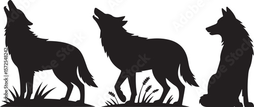 Black silhouettes of three wolves howling and sitting with grass elements on a white background