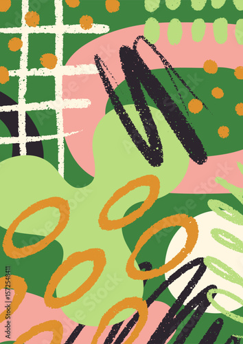 Abstract card design with doodle shapes, brushstrokes, chaotic scribbles. Mod...